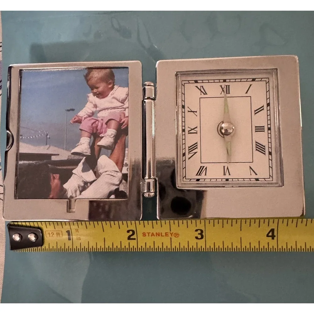 Vintage Shell Oil Gas Travel Clock & Photo Frame Silver Tone 90's Works